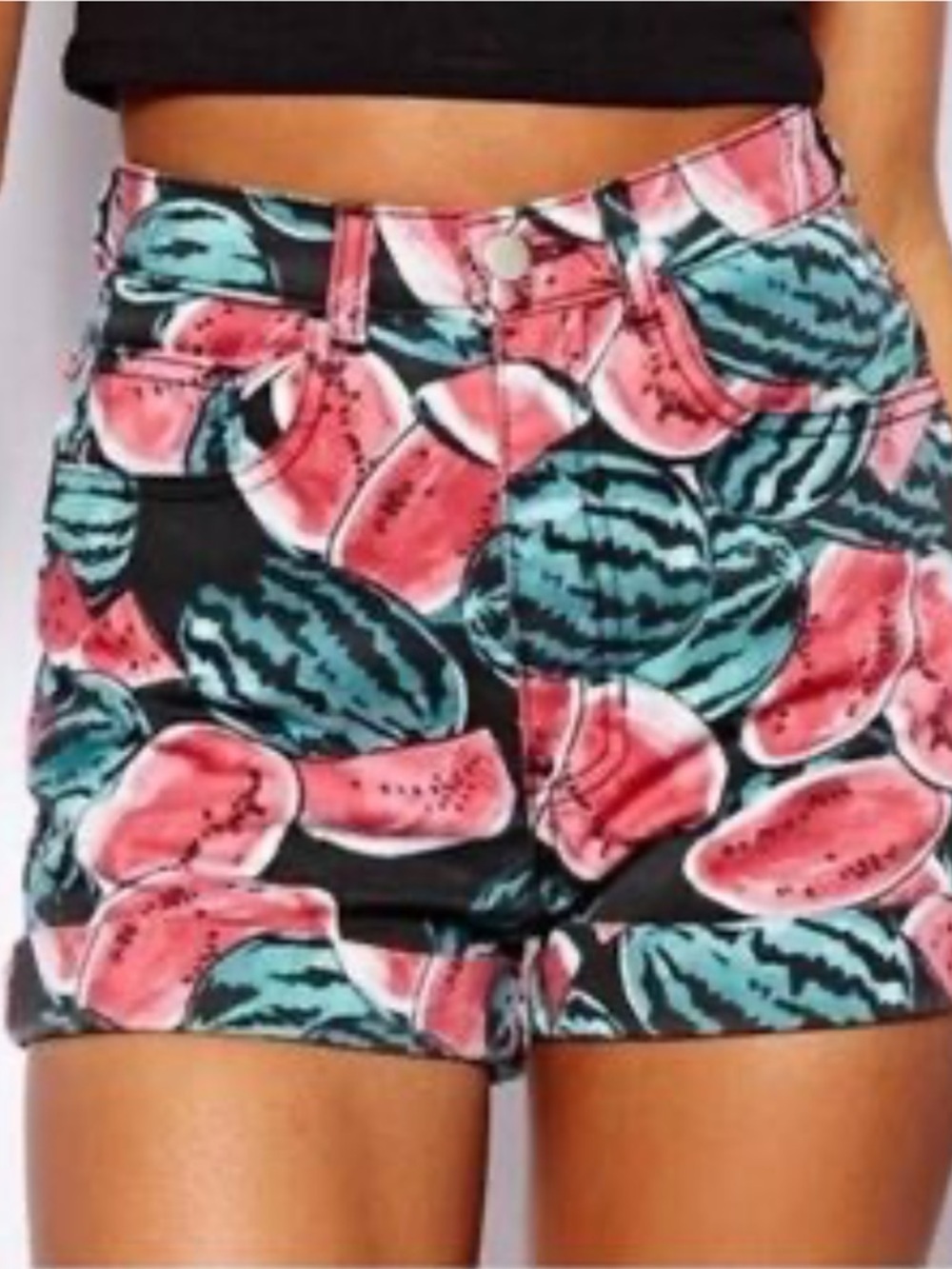 AMERICAN APPAREL Fun Watermelon Print High Waisted Denim Rolled Hem Summer Short